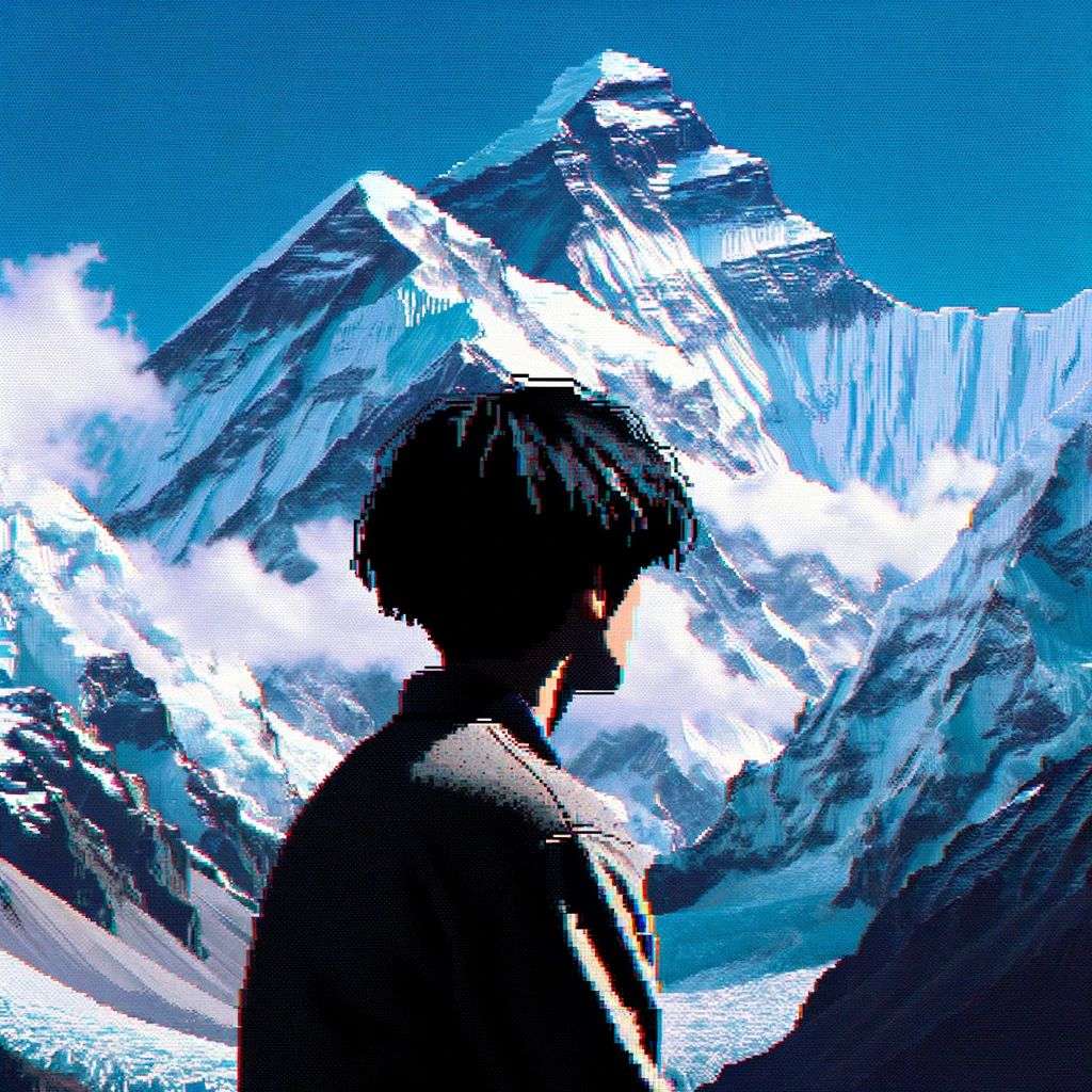 someone gazing at Mount Everest, pixel sorting glitch art